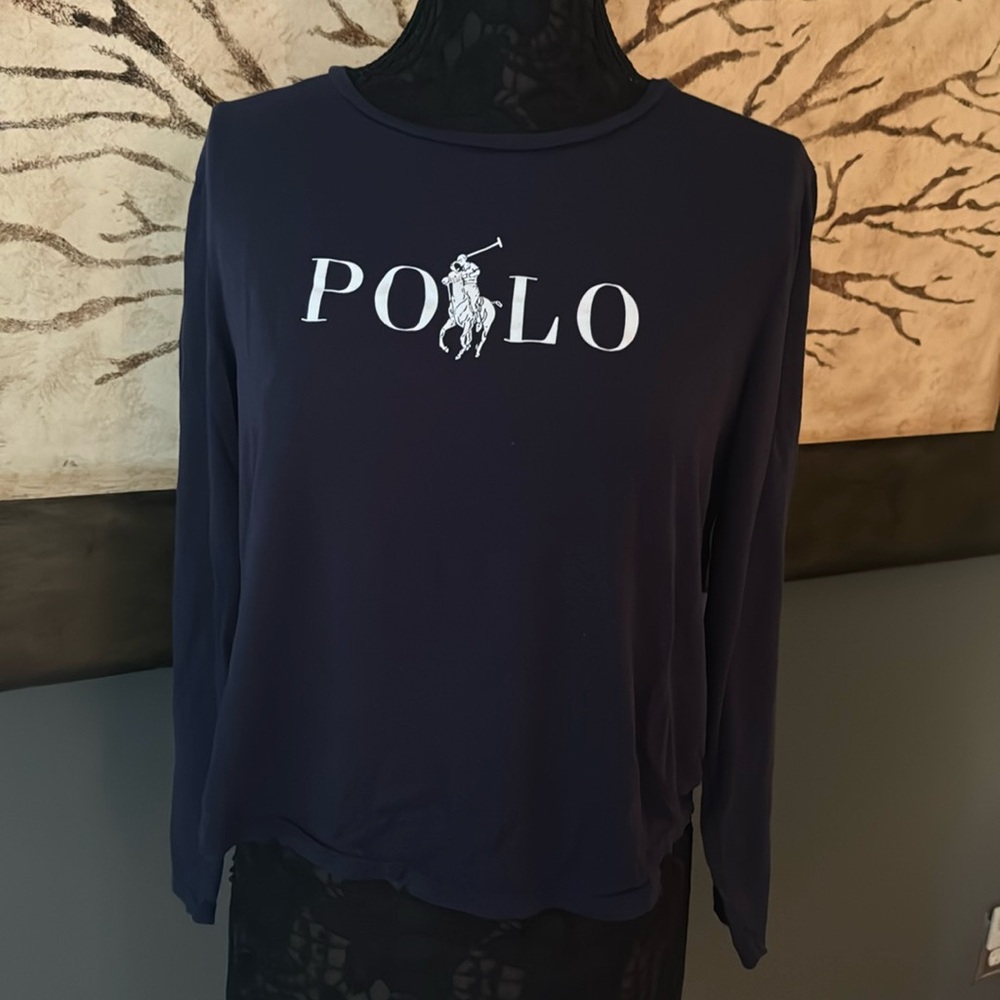 Ralph Lauren Navy Long Sleeve Polo Logo Tee - White Logo
